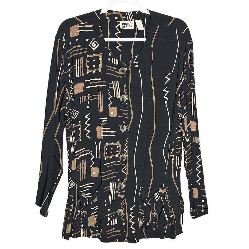 Chicos Design Vintage Sz S Aztek Tribal Tunic‎ Blouse Button Up Western Abstract